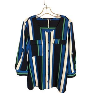 NY Collection Women’s Size L Button Down Striped Career Blouse Roll Tab Sleeves